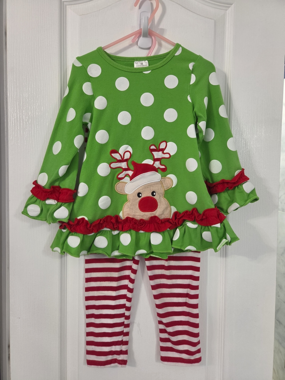 Girls' Christmas Green Polka Dot Reindeer Set with Red Trim
